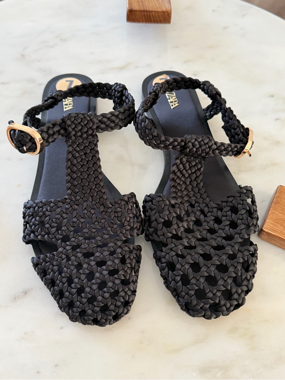 Zara woman  Braided T-Strap Ankle Sandals with Gold Buckles